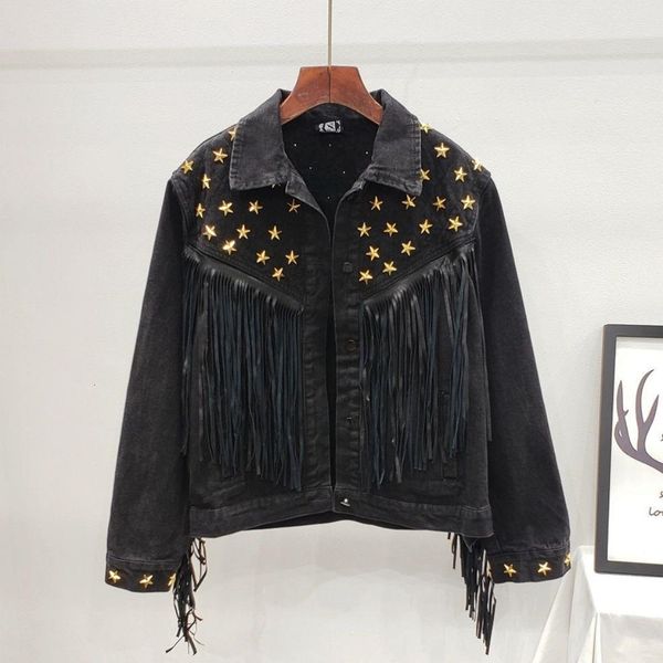 

denim women jacket 2020 autumn new spring vintage star rivet suede fringe loose coat long sleeve outerwear female boho jacket, Black;brown