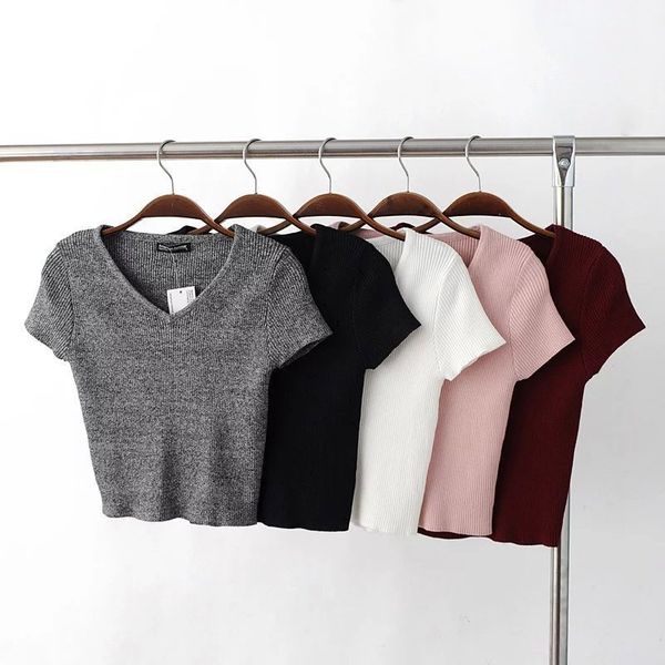 

spring and summer new style women's slim elastic v-neck short sleeve t-shirt, Black;gray