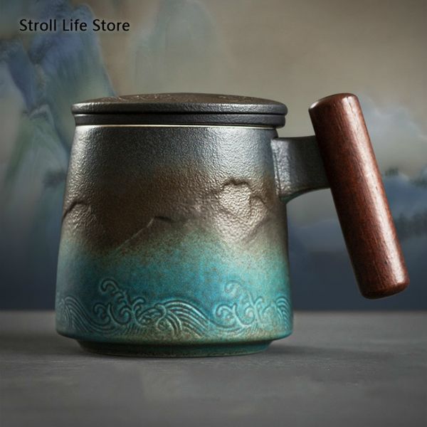 

ceramic retro coffee office water filter tea cup with cover cups and mugs wooden handle caneca birthday gift box cm061 q1218