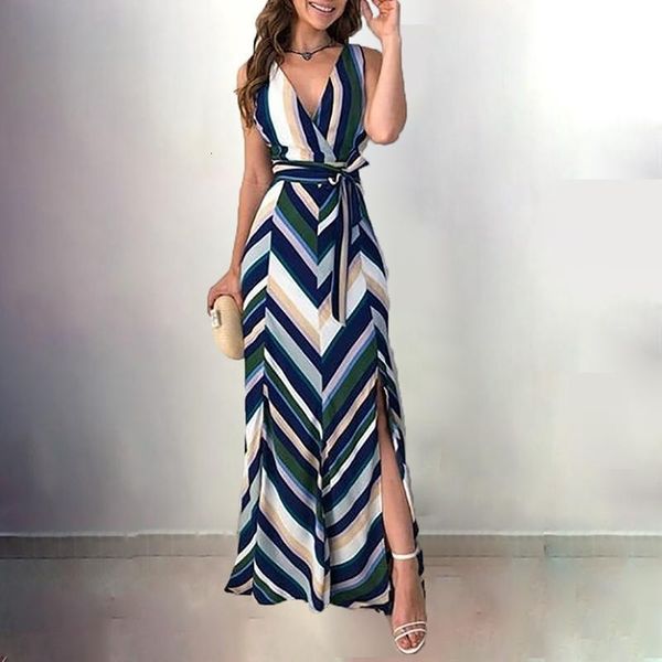 

2021 women fashion elegant wrapped side slit long party dress chevron stripes backless belted slit casual maxi dress, Black;gray