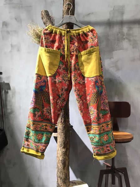 

women elastic waist patchwork printed pants ladies print floral loose trousers female flower pants retro vintage spring, Black;white