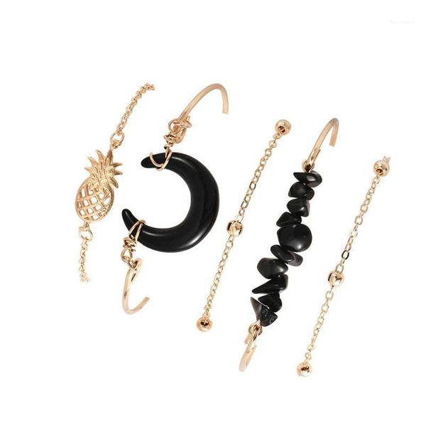 

5 pcs/set bohemian gold pineapple moon gem bead chain set women fashion multilayer bracelet party jewelry gifts1, Black