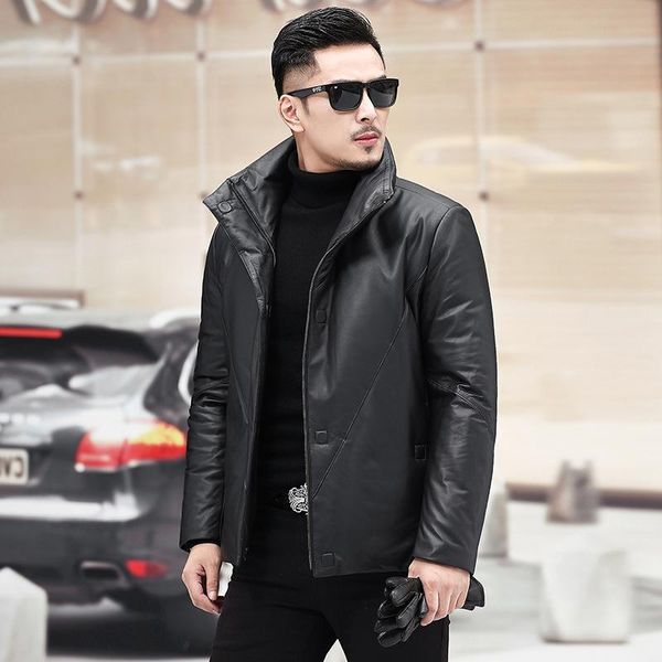 

men's leather & faux sheep coats men brief paragraph high-end leisure white duck down to keep warm winter fashion collar coat, Black