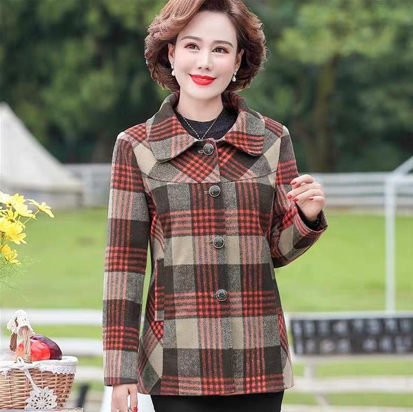 

woolen women 2021 autumn winter new plus size middle age mother coat plaid outerwear, Black