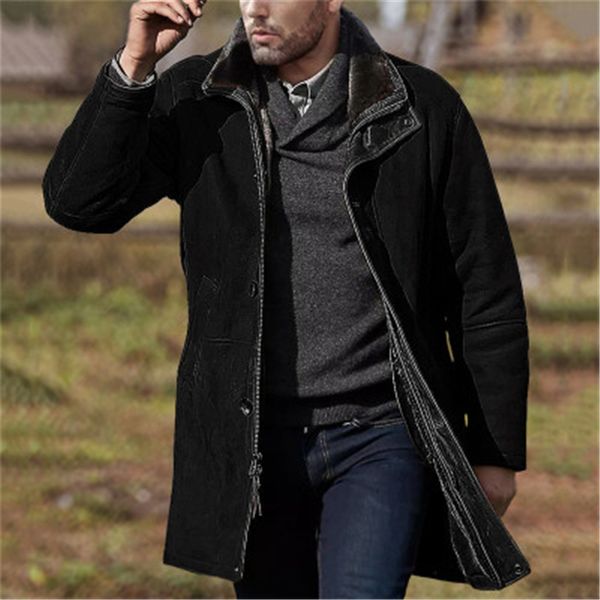 

man woolen blends coat fashion long sleeve cardigan single breasted zipper windbreaker outerwear male winter casual lapel mid-length coats, Black