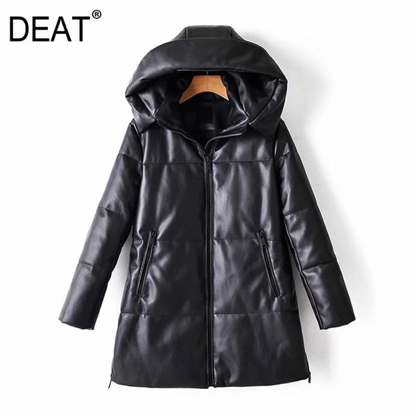 

[deat] loose fit leather brief warm woolen coat parkas new hooded long sleeve women fashion tide autumn winter 13u081 201217, Black