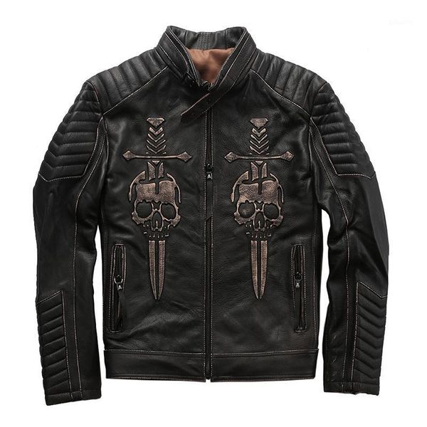 

629 read description asian size genuine cow skin leather jacket mens cowhide casual vintage leather jacket1, Black