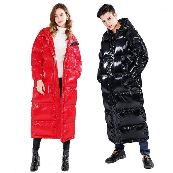 

very-nong male/female winter down patent leather glossy thick long white duck down silhouette hooded jacket warm jacke1, Black
