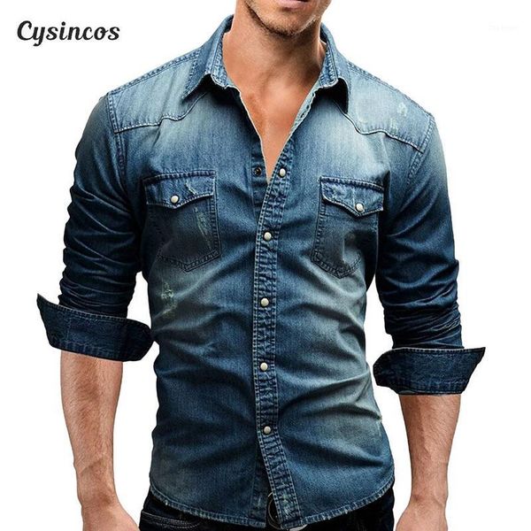 

cysincos denim shirt men cotton jeans shirt fashion autumn slim long sleeve cowboy stylish wash slim asian size 3xl1, White;black