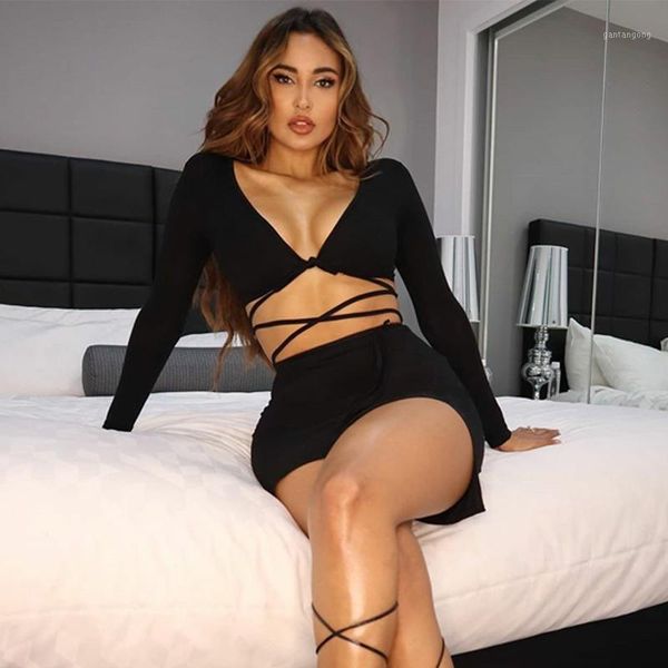 

women long sleeve + slit short skirt deep lace up v-neck cross strap high waist design mini skirt club party streetwear clothing1, Gray