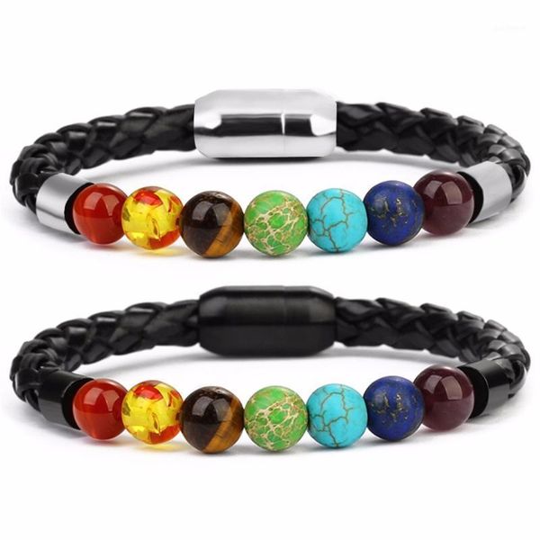 

louleur new 7 chakra bracelet men black leather stainless steel buckle balance beads natural stone yoga bracelets for women men1, Golden;silver