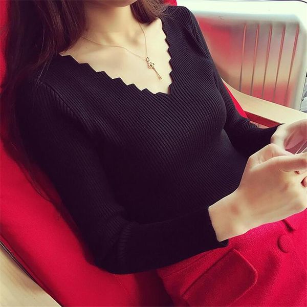 

v-neck long-sleeve knitted sweater female jumper pullover solid basic elasticity women clothing pull femme fashion autumn, White;black