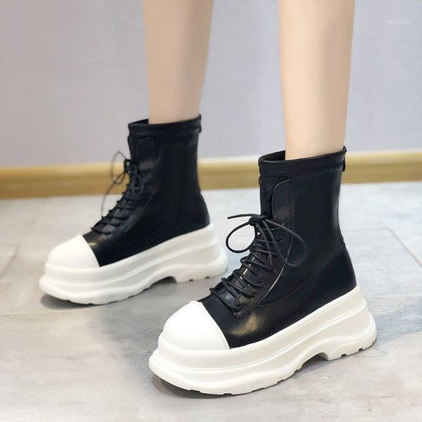 

boots lace up short botas zapatos de mujer drop thick bottom shoes chunky platform ankle for women autumn winter zipper1, Black