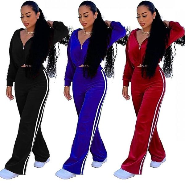 

women's tracksuits fashion casual two-piece suit urban womens pure color gold velvet webbing stitching pocket loose sports, Gray