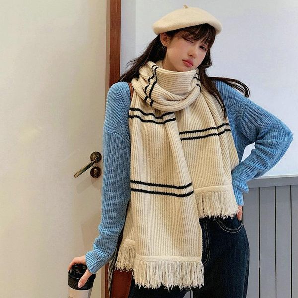 

scarves arrival comfortable thick soft cute striped scarf warm temperamental fresh vintage knit elegant tassel shawl, Blue;gray