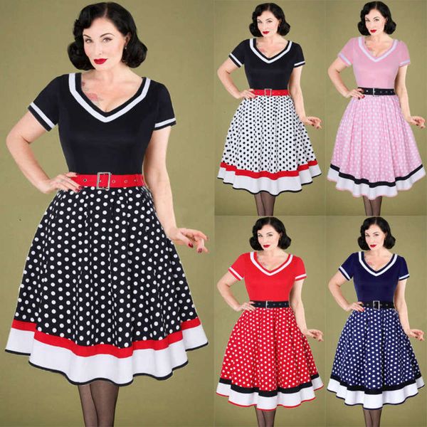 

wave v-neck hepburn point 50s cotton swing dress, Black;gray