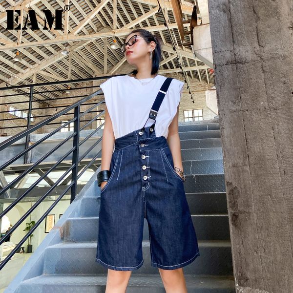 

[eam] high waist blue button irregular split denim trousers new loose fit pants women fashion tide spring summer 1w971 201031, Black;white