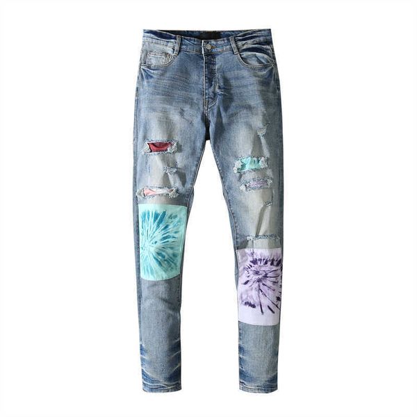 

2021 new design men's jeans embroidery patch hole trend, Blue
