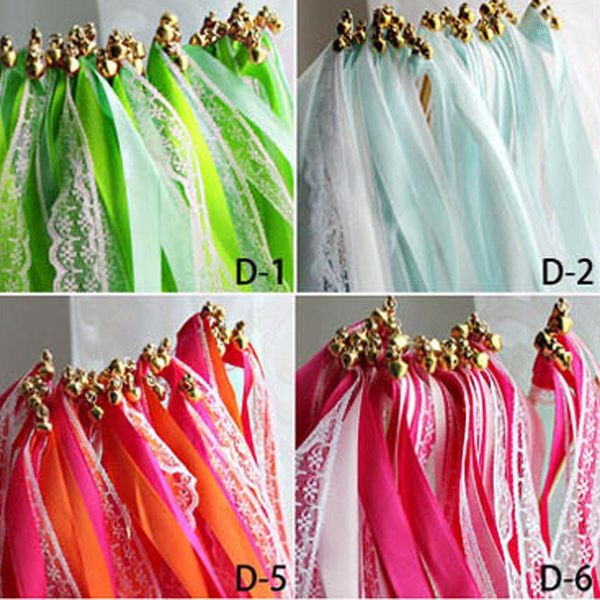 

haochu 50pcs/lot ribbon wands twirling wedding ribbon streamers stick with bell lace wedding applaud cheer 32 colors for choose1