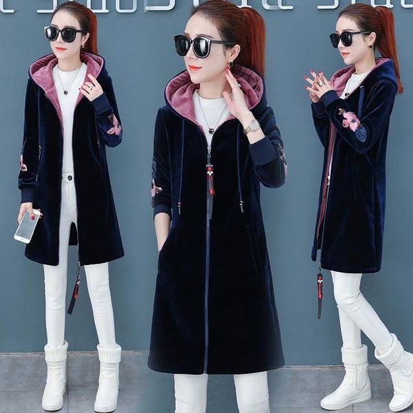 

women's velvet mid-length hoodies autumn winter long sleeve with embroidered zipper jacket coat loose warm thick outerwear m-5xl 201203, Black