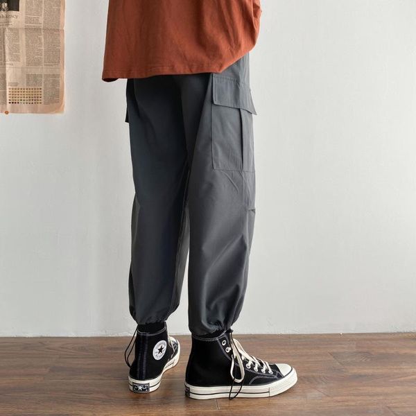 

tide brand overalls men's straight loose ins super fire function casual pants autumn new drawstring waist nine-point pants, Black