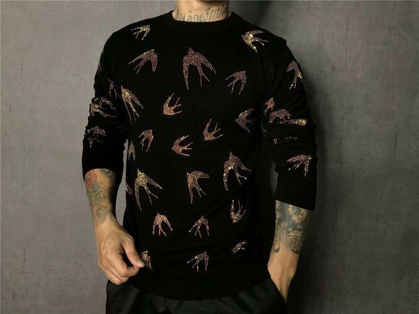 

hip mens rhinestone beading bird black sweatshirts long sleeves t shirt fashion/studio/bling style