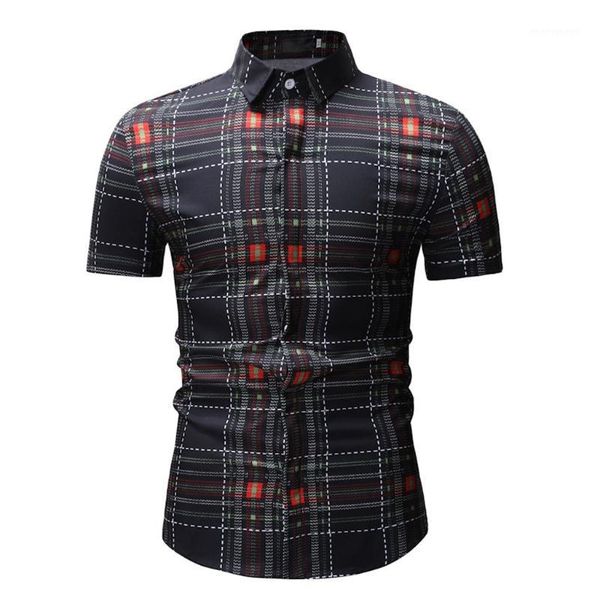 

spring autumn men's shirts short sleeve black slim fit streetwear office printed plaid casual male social shirts clothing1, White;black
