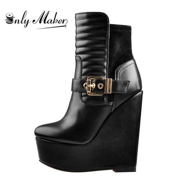 

boots onlymaker women's wedge 16cm high heels ankel soft leather for party dress lady zipper plus size winter, Black