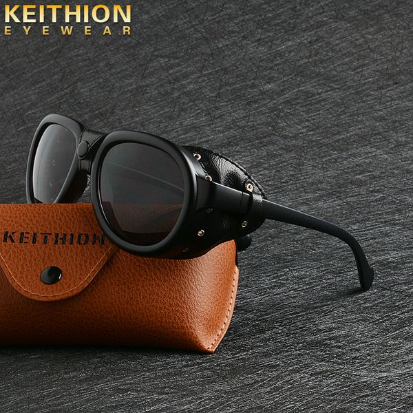 

keithion retro sunglasse men round designer steam punk pu leather shields sunglasses women goggles uv400 gafas de sol