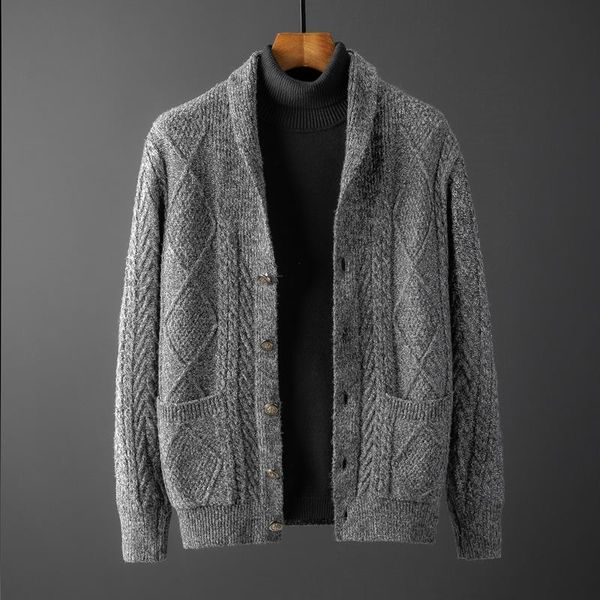 

men's sweaters minglu autumn mens thick sweatercoat jacquard turn collar button sweater coat outerwear winter jacket cashmere liner, White;black
