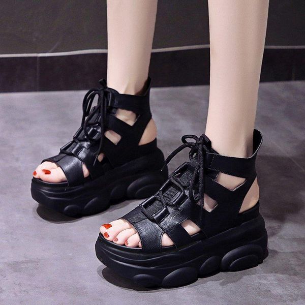 

black mesh summer ankle boots for women lace up chunky platform sandals 2021 wedges gladiator shoes woman sandalias