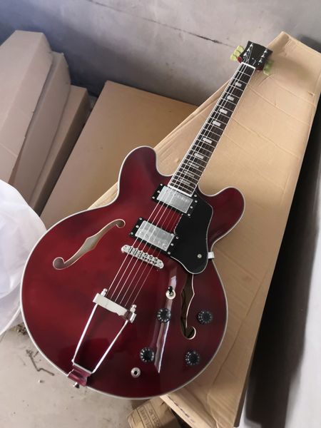 

in stock now semi-hollow wine red electric guitar with black pickguard,rosewood fretboard,white binding,ship immediately