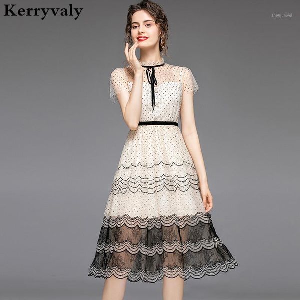

summer vintage ploka dot lace stitching embroided dress women clothes 2020 sweet princess striped party dress sommerkleid k86161, Black;gray