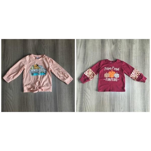 

girlymax fall baby girls children clothes cotton long sleeve raglans coral tie knot t-shirt farm fresh pumpkin truck plaid 201031, White