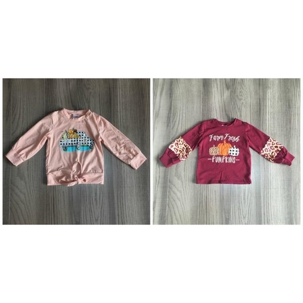 Girlymax Fall Baby Girls Детская одежда Хлопок с длинным рукавом Raglans Coral галстук узел верхняя футболка ферма свежего тыквы грузовик плед 201031