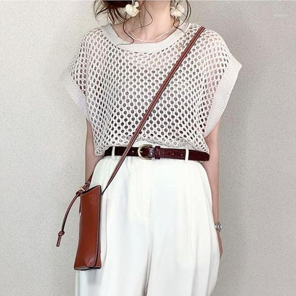 

knitwear women t-shirt korean fishnet mesh short sleeve see through 2020 summer pullover female casual knitted tshirt1, White;black