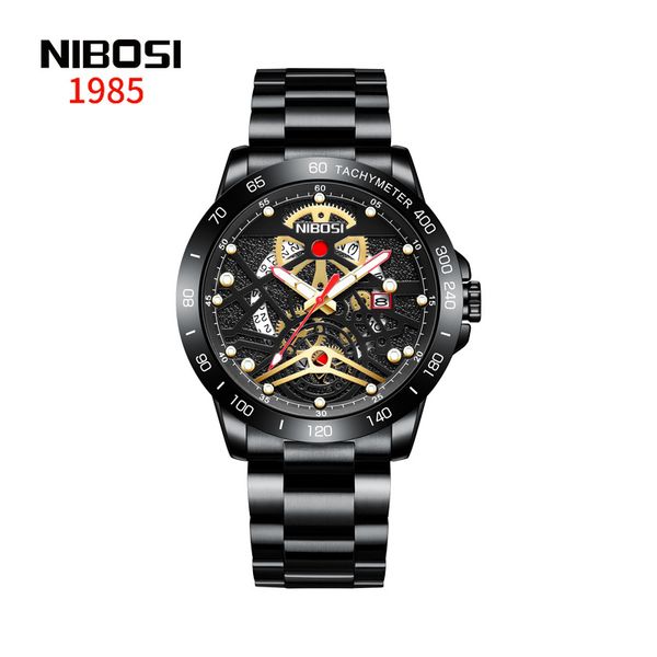 

nibosi watches 2388 hollow-out military wristwatch men black stainless steel analog quartz waterproof watches for sport watch 3d skull retro, Slivery;brown
