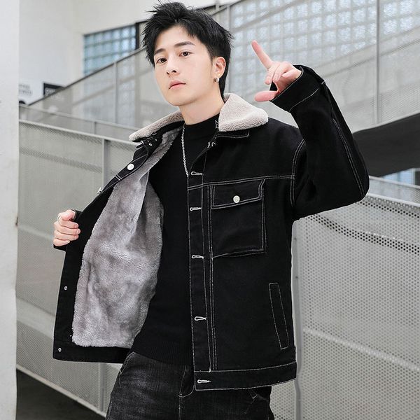 

tiktok creative printed wool collar jeans jacket, Black;brown