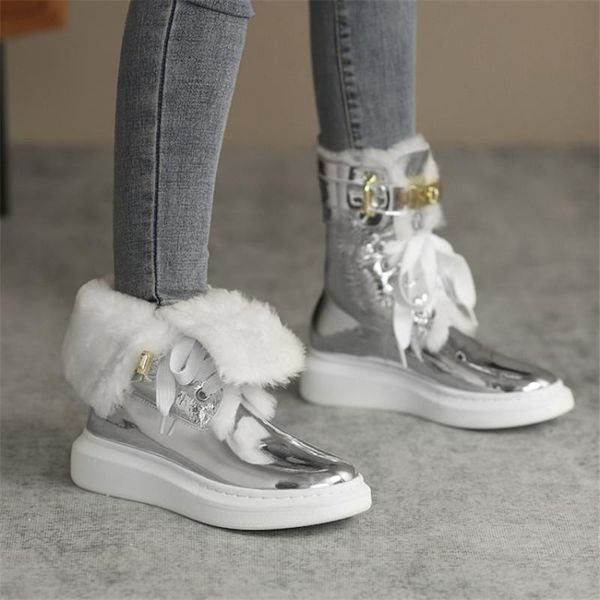 

pxelena designer metal buckle genuine leather snow boots women wool cashmere flat platform non slip winter warm shoes silver, Black