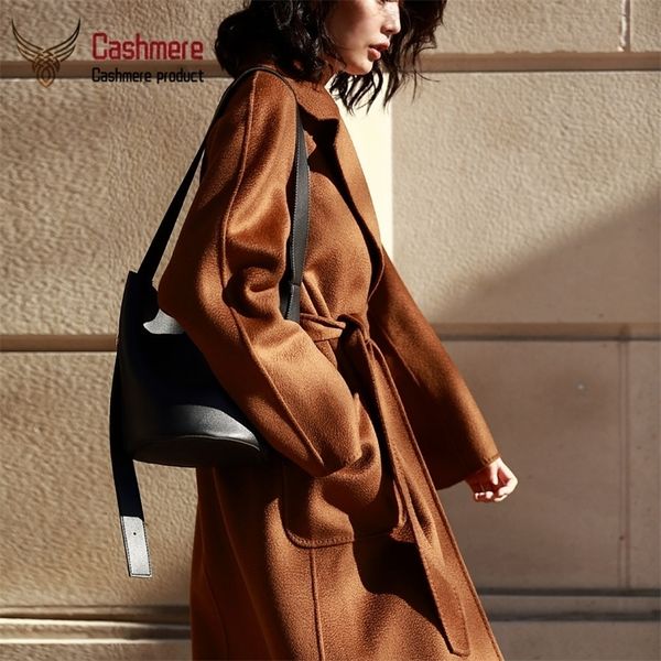 

women's winter water ripple female women long double-sided cashmere loose wool coat plus size 201215, Black