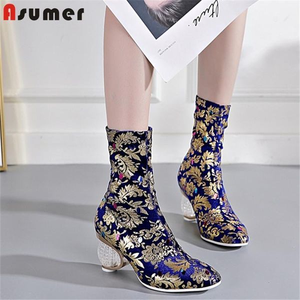 

asumer big size 34-44 fashion ankle boots square toe autumn winte boots crystal heels ladies prom shoes slip on women1, Black