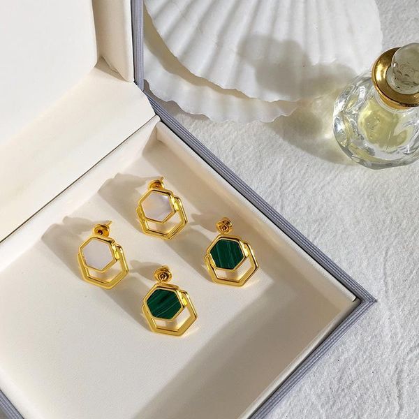 

hoop & huggie 2021 jewelry woman earrings fashion polygonal stacking malachite stainless steel luxury gold wholesale, Golden;silver