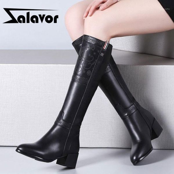 

zalavor real leather women knee high boots fashion square heel party shoes women solid color club ladies footwear size 31-431, Black
