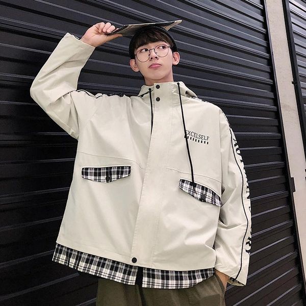 

19 autumn new japanese korean printing color matching patch loose tooling men's casual stand collar hooded jacket, Black;brown