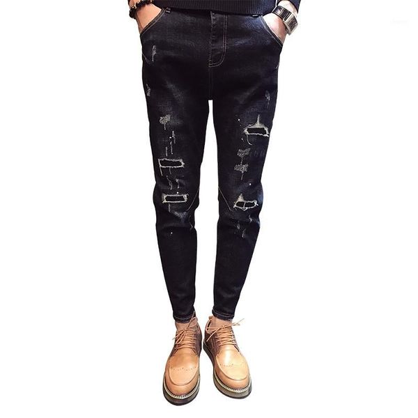 

2018 autumn and winter men's trousers new european version of the micro-span feet washed hole patch slim cotton elastic jeans1, Blue
