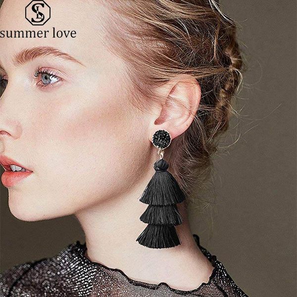 

dangle & chandelier boho korean statement tassel earrings luxury multi layer polyester for women fashion druzy stone stud jewelry, Silver