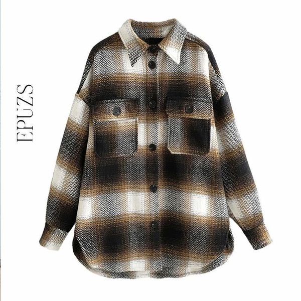 

vintage oversized plaid jacket women coats and jackets turn-down collar loose winter jacket korean outwear 201029, Black;brown