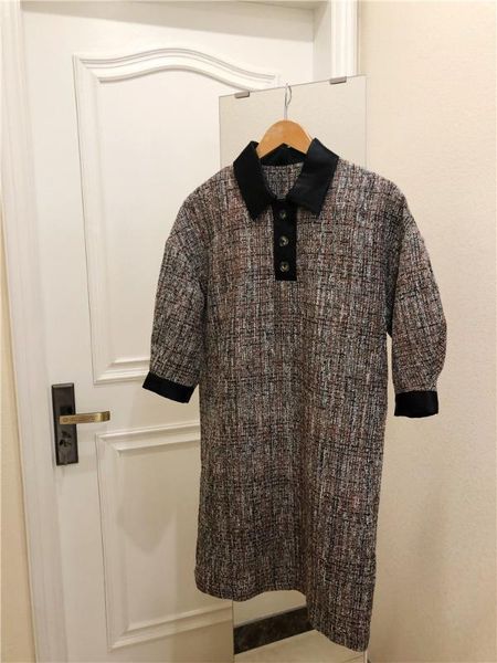 

women dress retro tweed lapel cropped sleeve loose dress casual1, Black;gray