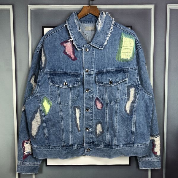 

2021 new patch letters endless denim jacket men women damage hole distressed fashion blue outwear coat 7tsd, Black;brown