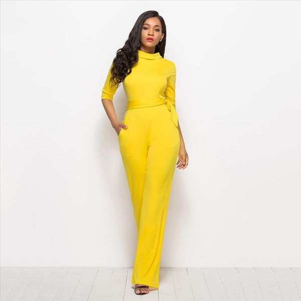 

stand collar half sleeve autumn jumpsuit wide leg casual slim womens overalls elegant bandage office lady pockets plus size 3xl, Black;white
